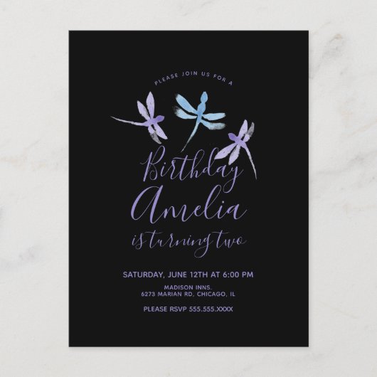 Watercolor Dragonfly Lila Black Birthday Party Postkarte (Vorderseite)