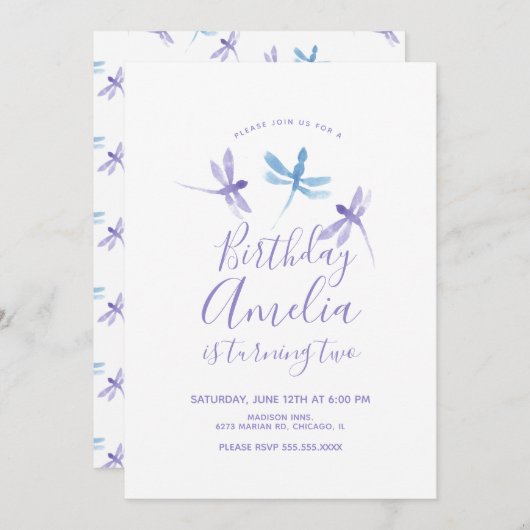 Watercolor Dragonfly Lila Blue Birthday Party (Vorne/Hinten)