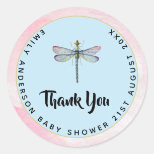 Watercolor DRAGONFLY Vielen Dank Baby Dusche PinkB Runder Aufkleber