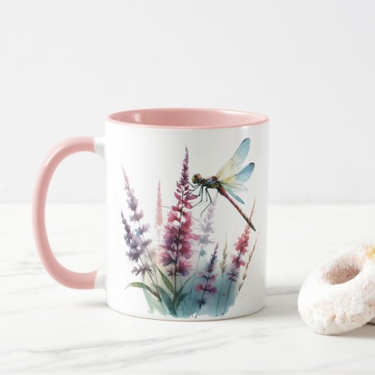 Watercolor Dragonfly Wildflower Pink Aesthetic Tasse (Mit Donut)