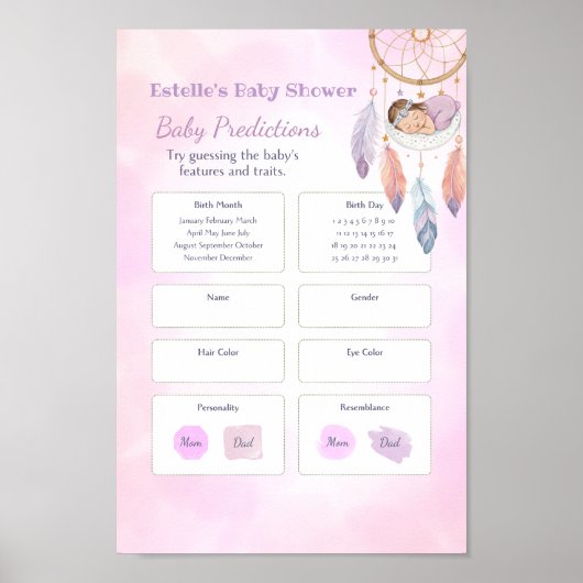 Watercolor Dreamcatcher Baby Shower Vorhersagen Poster (Vorne)