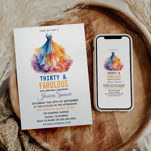 Watercolor Dress 30th Birthday Elegant & Feminine Einladung