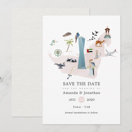 Watercolor Dubai UAE Hochzeit in Urlaubsort Save The Date (Vorne/Hinten)