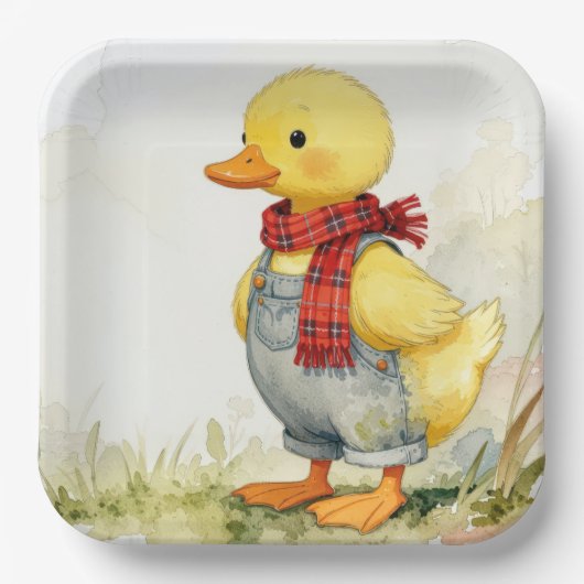 Watercolor Duck In Overalls and Scarf Pappteller (Vorderseite)