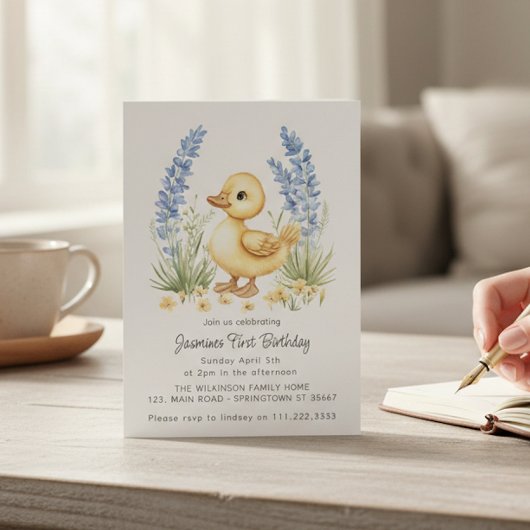 Watercolor Duckling First Birthday Invitation Einladung
