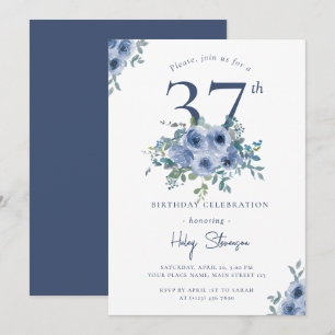Watercolor Dusty Blue Floral 37. Geburtstag Chic Einladung