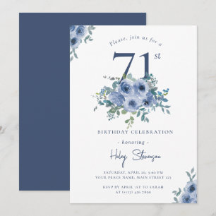 Watercolor Dusty Blue Floral 71. Geburtstag chic Einladung