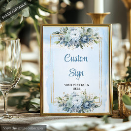 Watercolor Dusty Blue Floral Gold Wedding DIY Sign Poster