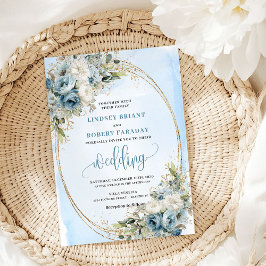 Watercolor Dusty Blue Floral Gold Wedding Invite Einladung