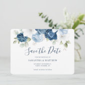 Watercolor Dusty Blue Floral Script Save The Date (Stehend Vorderseite)