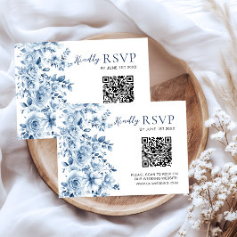 Watercolor Dusty Blue Floral Wedding RSVP QR Code Karte