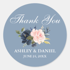 Watercolor Dusty Blue Pink Floral Vielen Dank Runder Aufkleber