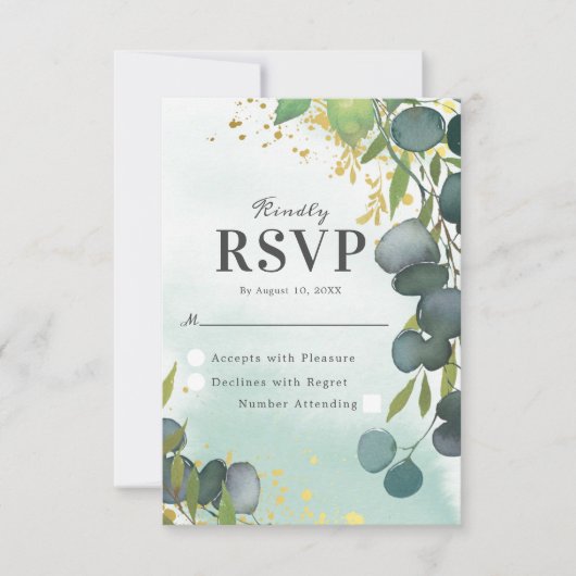Watercolor Dusty Green Gold Wedding RSVP Karte (Vorderseite)