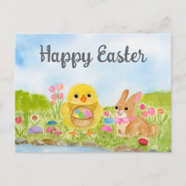  Watercolor Easter Egg Chick Easter Bunny  Postkarte