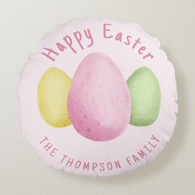 Watercolor Easter Eggs Pink Happy Easter Rundes Kissen (Vorderseite)