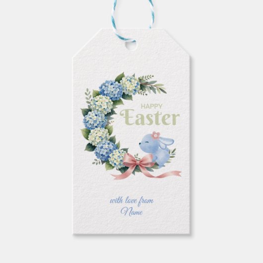 Watercolor Easter Hydrangea Wreath Cute Bunny Geschenkanhänger (Vorderseite)