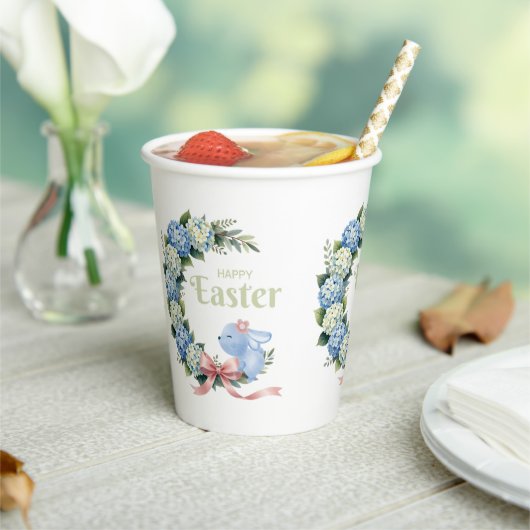 Watercolor Easter Hydrangea Wreath Cute Bunny Pappbecher (In Situ)