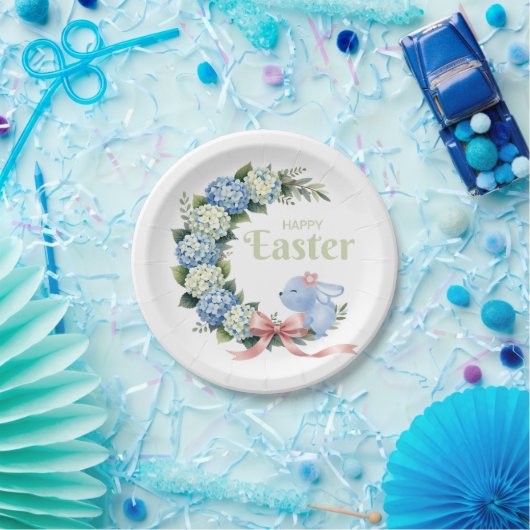 Watercolor Easter Hydrangea Wreath Cute Bunny Pappteller (Party)