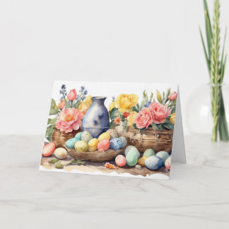 Watercolor Easter Illustration with Flowers, Eggs Feiertagskarte
