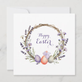 Watercolor Easter Lavender Wreath Eggs Cute Bunny Feiertagskarte
