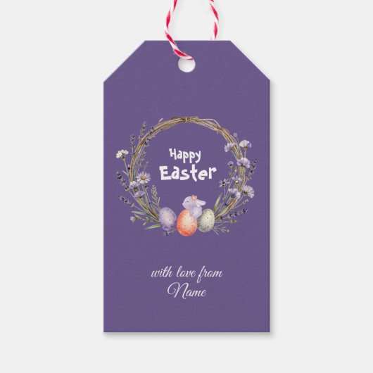 Watercolor Easter Lavender Wreath Eggs Cute Bunny Geschenkanhänger (Vorderseite)