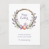 Watercolor Easter Lavender Wreath Eggs Cute Bunny Postkarte (Vorderseite)