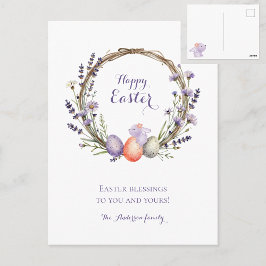 Watercolor Easter Lavender Wreath Eggs Cute Bunny Postkarte