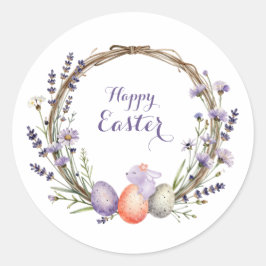 Watercolor Easter Lavender Wreath Eggs Cute Bunny Runder Aufkleber