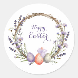 Watercolor Easter Lavender Wreath Eggs Cute Bunny Runder Aufkleber