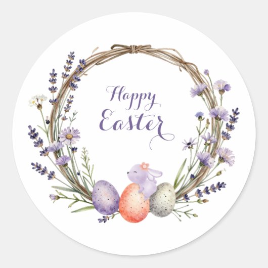 Watercolor Easter Lavender Wreath Eggs Cute Bunny Runder Aufkleber (Vorderseite)