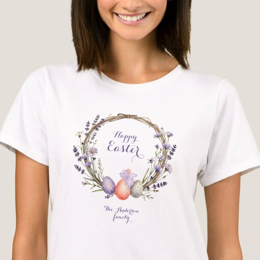 Watercolor Easter Lavender Wreath Eggs Cute Bunny T-Shirt