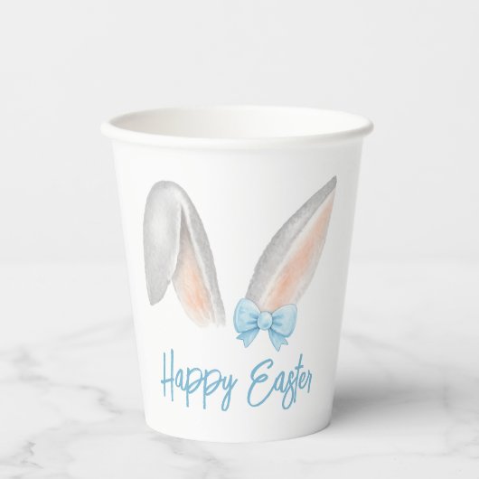 Watercolor Easter Rabbit Ears with Blue Bow Spring Pappbecher (Vorderseite)