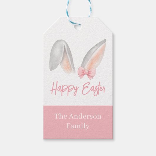 Watercolor Easter Rabbit Ears with Pink Bow Spring Geschenkanhänger (Vorderseite)