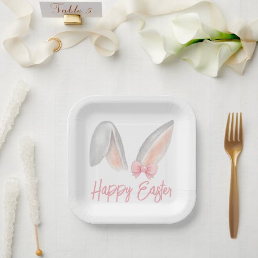 Watercolor Easter Rabbit Ears with Pink Bow Spring Pappteller (Hochzeit)