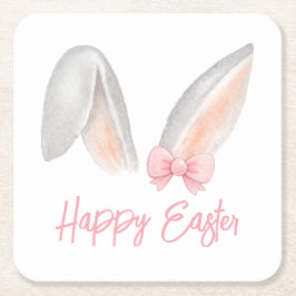 Watercolor Easter Rabbit Ears with Pink Bow Spring Rechteckiger Pappuntersetzer