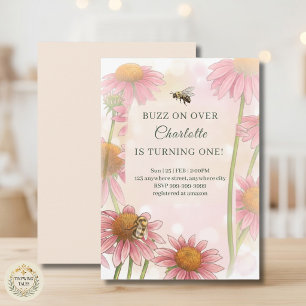 Watercolor-Echinacea und Hummel zum 1. Geburtstag Einladung