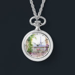 Watercolor Eiffel Tower Paris Armbanduhr<br><div class="desc">Das Watercolor Eiffel Tower Paris French Cafe Watch Necklace verfügt über einen französisch-französischen Café-Sitzbereich mit Paris und dem Eiffelturm im Hintergrund. Erstellt von Evco Studio www.zazzle.com/store/evcostudio</div>