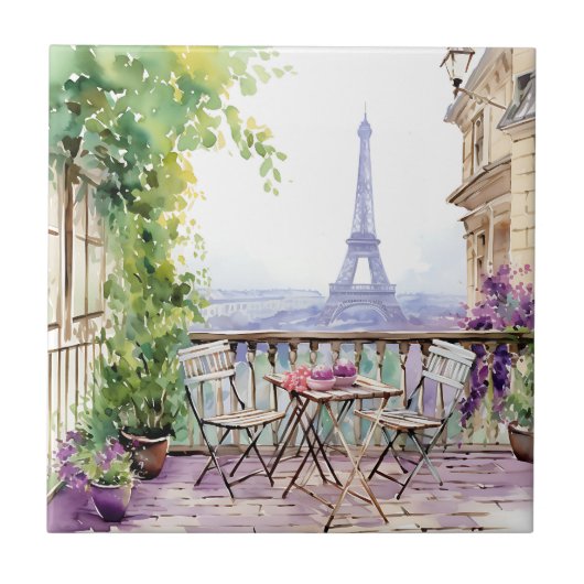 Watercolor Eiffel Tower Paris French Cafe Fliese (Vorderseite)