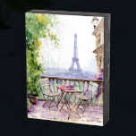 Watercolor Eiffel Tower Paris French Cafe Holzkisten Schild<br><div class="desc">Watercolor Eiffel Tower Paris French Cafe Wooden Box Sign features a watercolor french cafe seating area with Paris and the Eiffel Tower in the background. Created by Evco Studio www.zazzle.com/store/evcostudio</div>