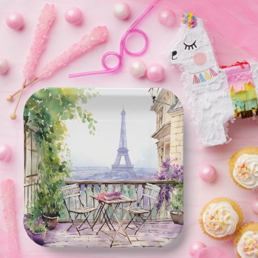 Watercolor Eiffel Tower Paris French Cafe Pappteller (Party)