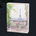 Watercolor Eiffel Tower Paris Holzkisten Schild<br><div class="desc">Im französischen Café Cohölzerne Box Sign im Eiffelturm Paris finden Sie einen französisch-französischen Café-Sitzbereich mit Paris und den Eiffelturm im Hintergrund. Erstellt von Evco Studio www.zazzle.com/store/evcostudio</div>