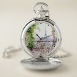Watercolor Eiffel Tower Paris Taschenuhr<br><div class="desc">Das Watercolor Eiffel Tower Paris French Cafe Pocket Watch verfügt über einen französichen Café-Sitzbereich mit Aquarellen und Paris. Im Hintergrund befindet sich der Eiffelturm. Erstellt von Evco Studio www.zazzle.com/store/evcostudio</div>