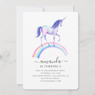 Watercolor Einhorn Geburtstagsparty. Baby Mädchen Einladung