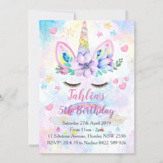 Watercolor Einicorn Geburtstagsparty Einladung Kin