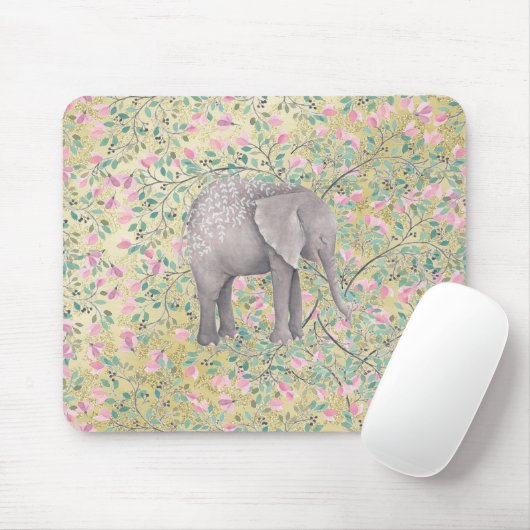 Watercolor-Elefant-Blumen-GoldGlitzer Mousepad (Mit Mouse)