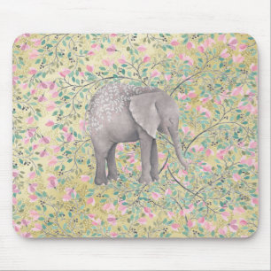 Watercolor-Elefant-Blumen-GoldGlitzer Mousepad