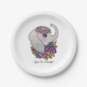 Watercolor-Elefant mit wilden Blumen Pappteller