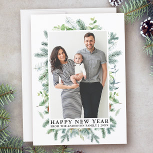 Watercolor Elegant Pine Frame Photo Happy New Year Feiertagskarte