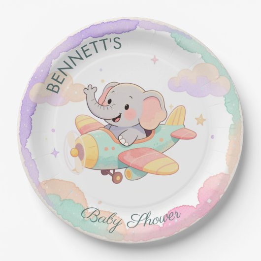 Watercolor Elephant Airplane Baby Shower Plate Pappteller (Vorderseite)