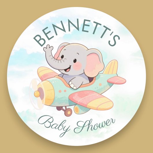 Watercolor Elephant Airplane Baby Shower Sticker
